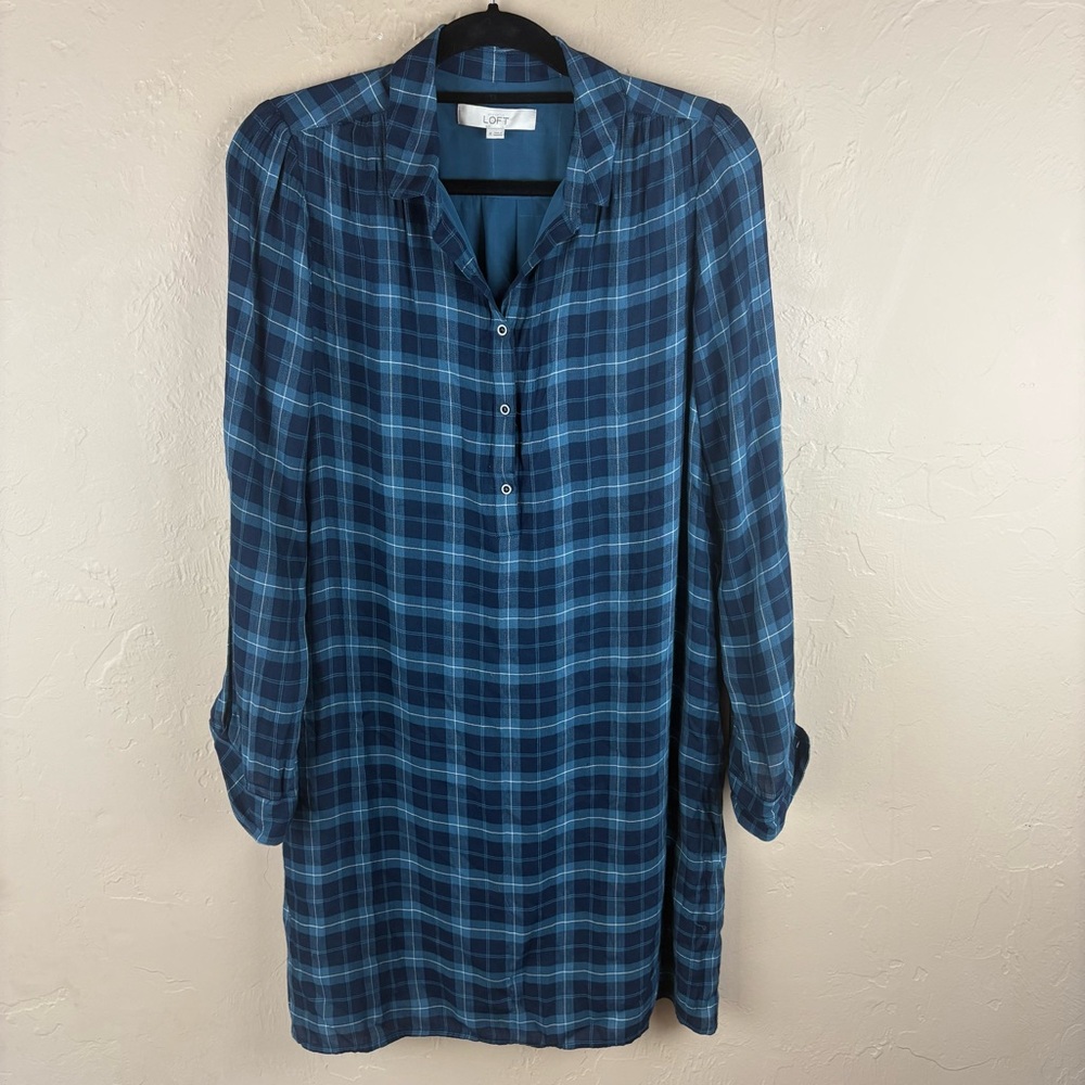 Loft Blue Green Plaid Shirtdress Women’s size Medium Career Work